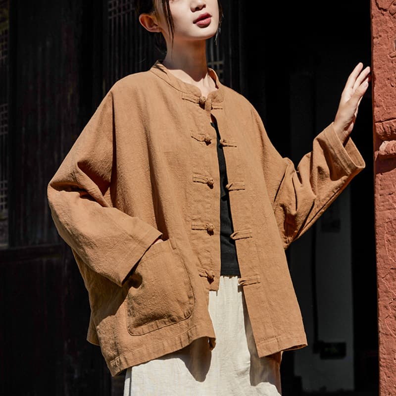 2026 Spring New Linen & Cotton Women's Artistic Vintage Ramie Sandwashed Buttoned Cardigan Long-Sleeve Chinese-style Linen & Cotton Jacket