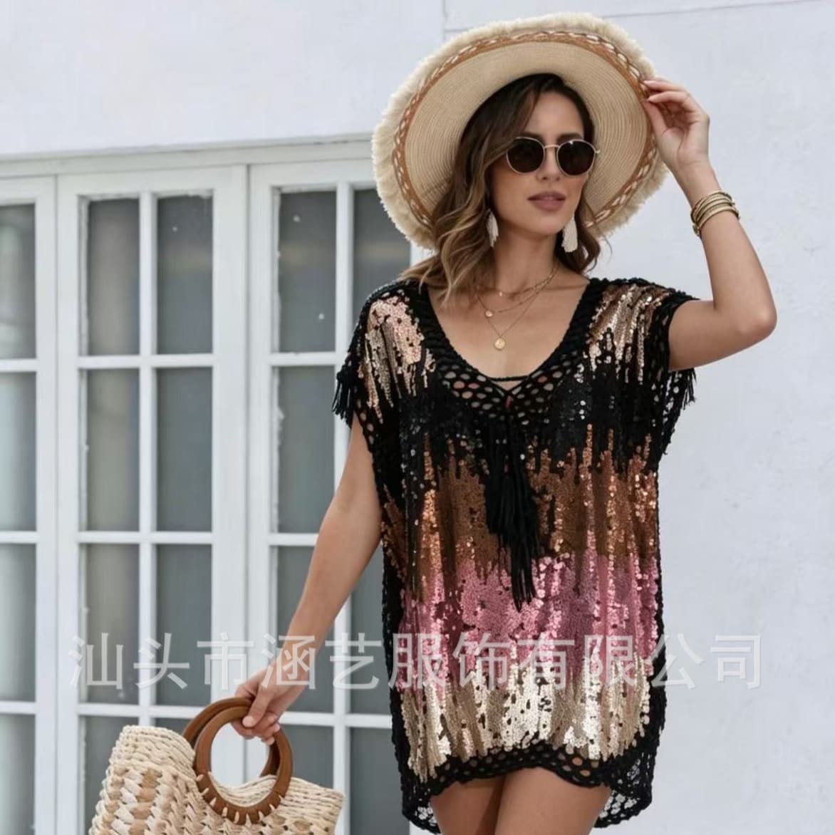 Gradient Sequin Hollow Crochet Beach Cover-Up Dress for Women, Bohemian Fringe V-Neck Swimsuit Outerwear Vacation Dress