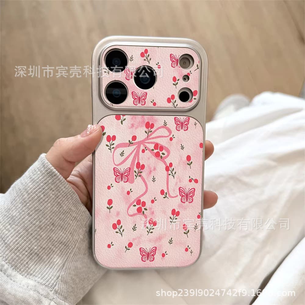 Pink bow suitable for iPhone17 mobile phone case 16promax large window 15 leather 13 anti-fall 12 protective cover