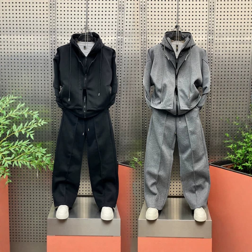 Spring and Autumn Cross-Border American Style Faux Two-Piece Casual Set Fashion Loose Hooded Sweatshirt Straight-Leg Pants Two-Piece Set Men's Outfit
