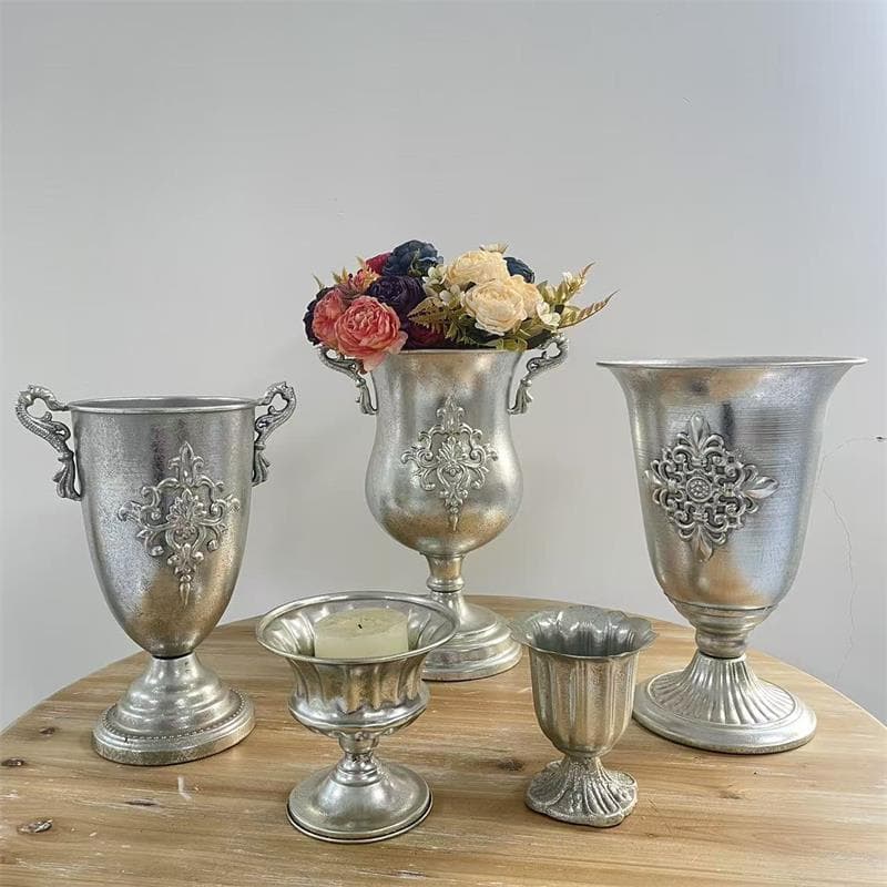 European Vintage Tall Vase for Dried Flowers, Wedding Hotel Home Decorative Ornament, Antique Silver Iron Flower Container
