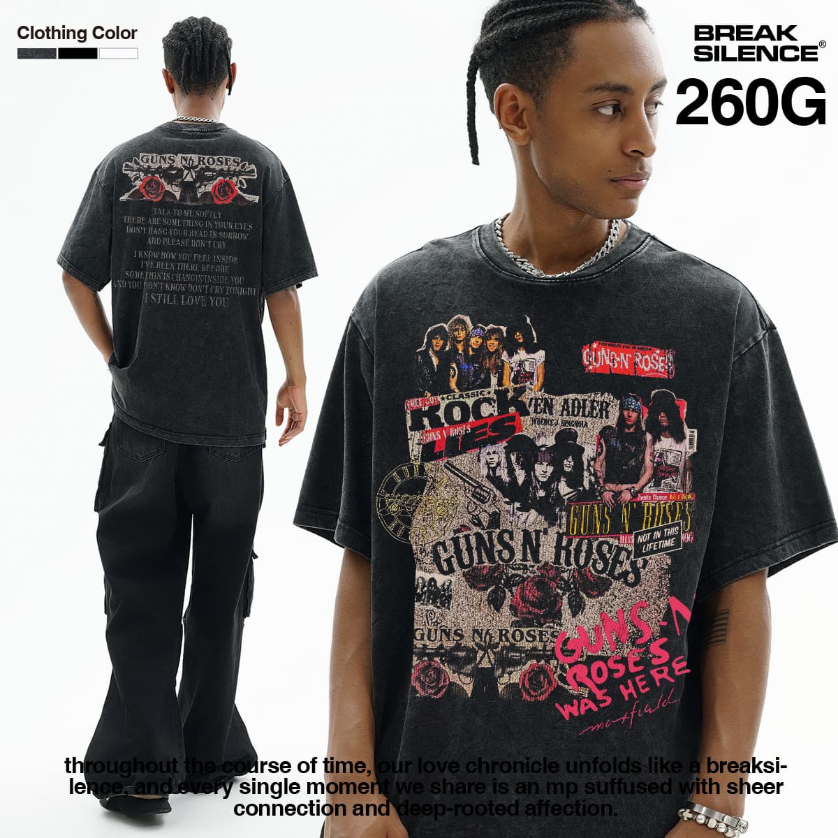 Gun Rose Heavyweight Washed Short Sleeve T-Shirt Men's American Retro Vintage Print Distressed Top Breathable Cotton Round Neck