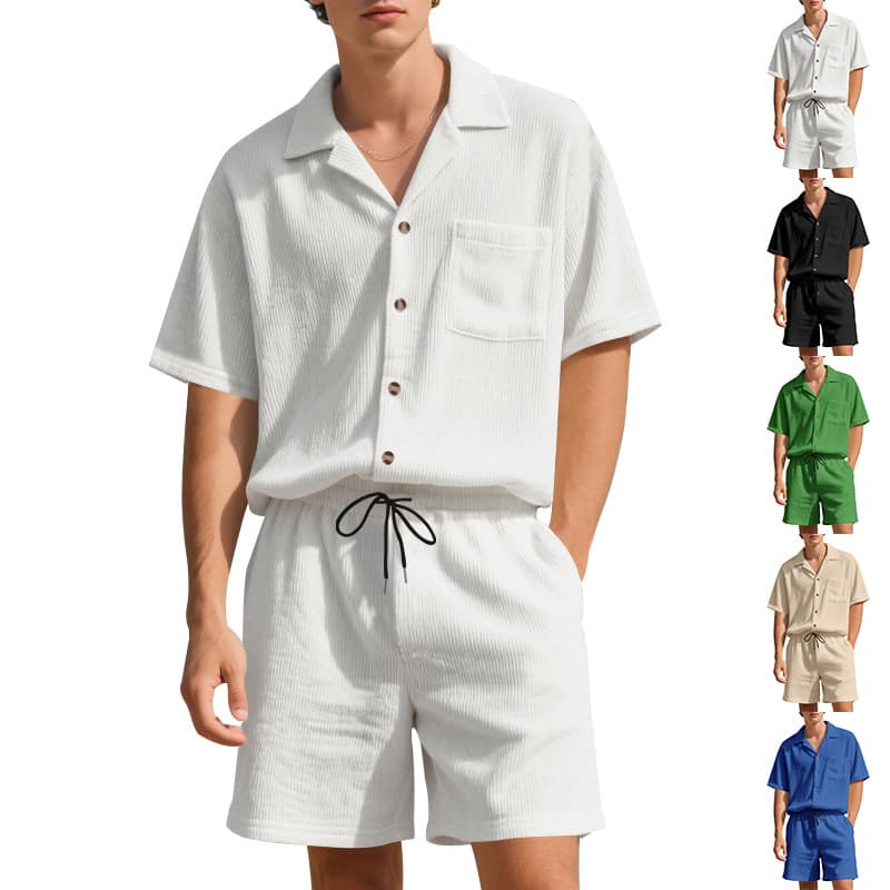 European and American Amazon new men's lapel cardigan shorts 2-piece suit summer solid color vertical striped short-sleeved shorts