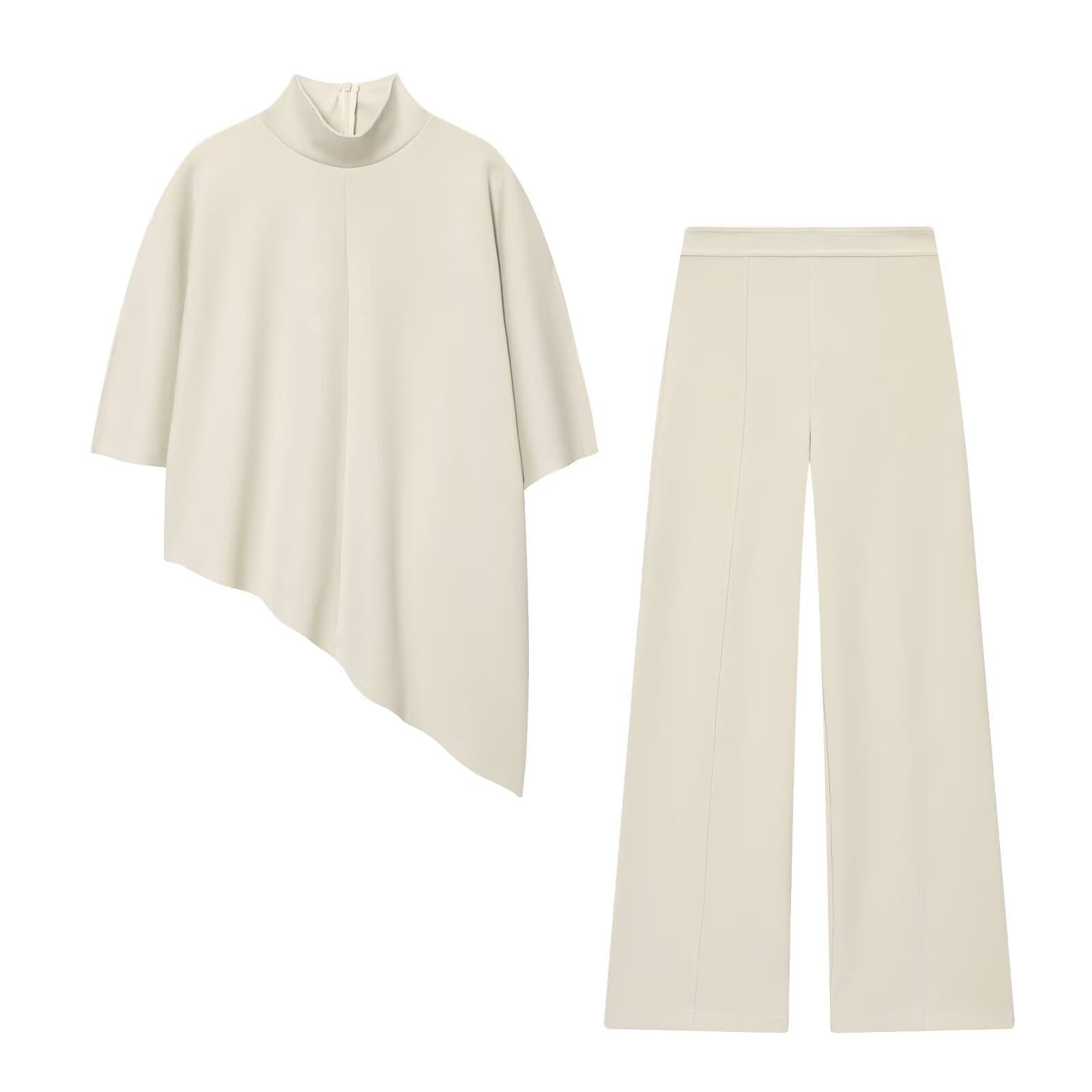 PB&ZA Cross-Border Supply 2025 Fall New European and American Style Double-Faced Fabric Asymmetric Top and Straight-Leg Pants Two-Piece Set