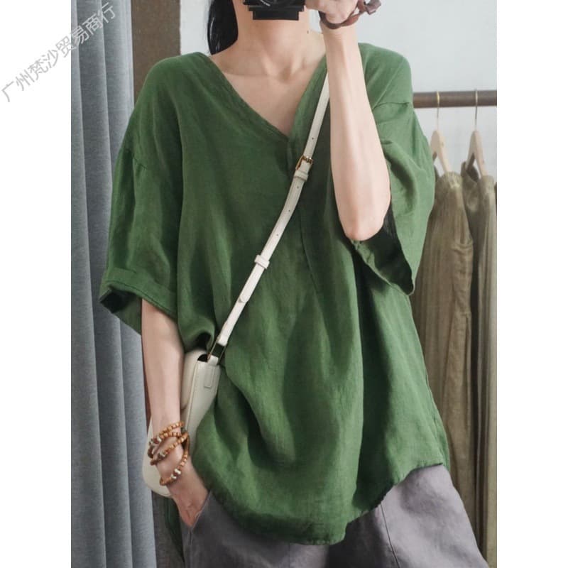 2024 Summer New Half Sleeve Casual Plus Size Women's Shirt Loose Cotton Linen Top Women Pink Black