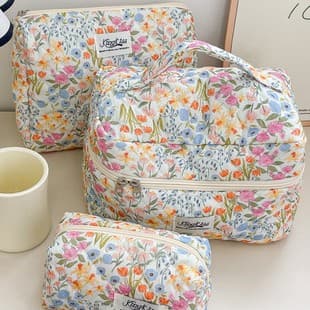 New Cotton Cosmetic Bag, Portable Toiletry Storage Pouch, Floral Ins Style, Cute Quilted Makeup Organizer