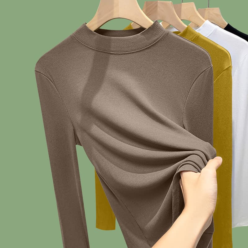 Women's Casual Plus Size T-Shirt Solid Color Versatile Top Layer Long Sleeve Spring Autumn Mother's Attire Middle Neck Design