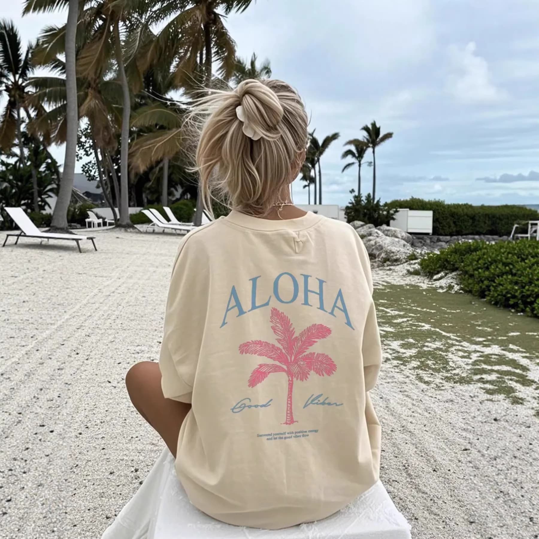 European size pure cotton ALOHA GoodVibes retro T-shirt beach trend round neck daily casual style short-sleeved women's style