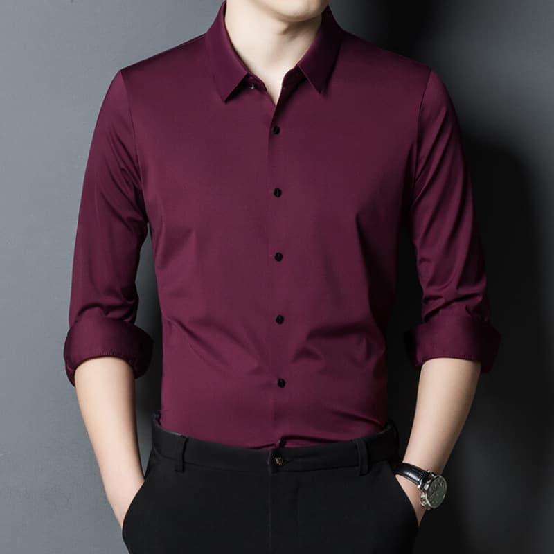 2025 spring new shirt men's long-sleeved shirt for father-in-law's wedding to wear red ice silk seamless long-sleeved shirt