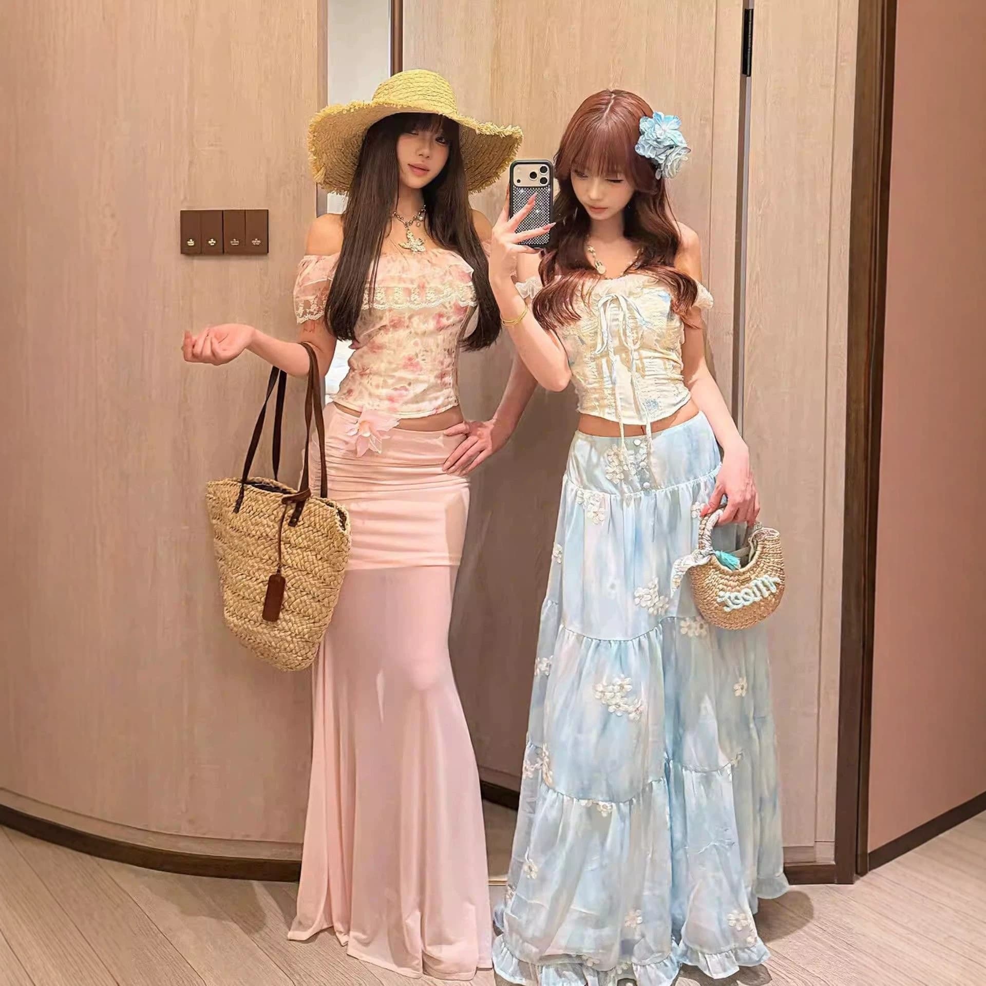 Dopamine Pink Floral Dress Set for Beach Vacation: Off-Shoulder Top and Maxi Skirt Two-Piece