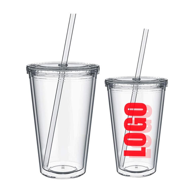 Source Factory Custom Logo Double-Layer PS Plastic 12/16/24oz Straw Cups with Card Slot and Glitter