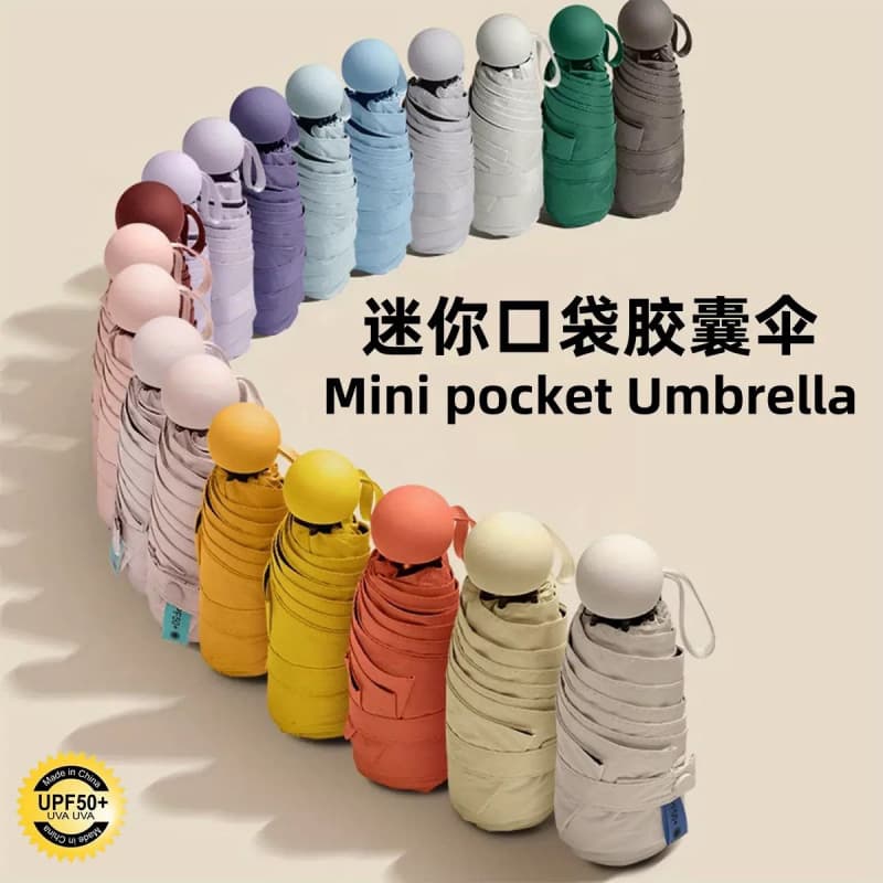 Sun Umbrella for Women, UV Protection Capsule Umbrella, Five-Fold Dual-Use for Sun and Rain, Folding Umbrella