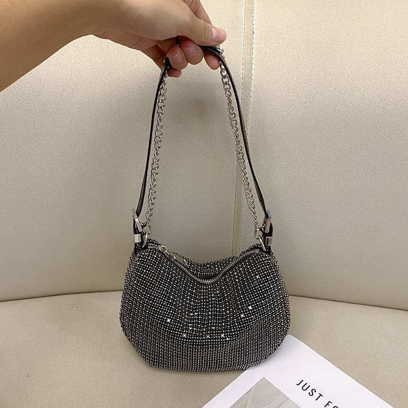 European and American trends, shiny and ineffective, rhinestone armpit bag, semi-circle bag, shoulder bag, personalized chain moon bag