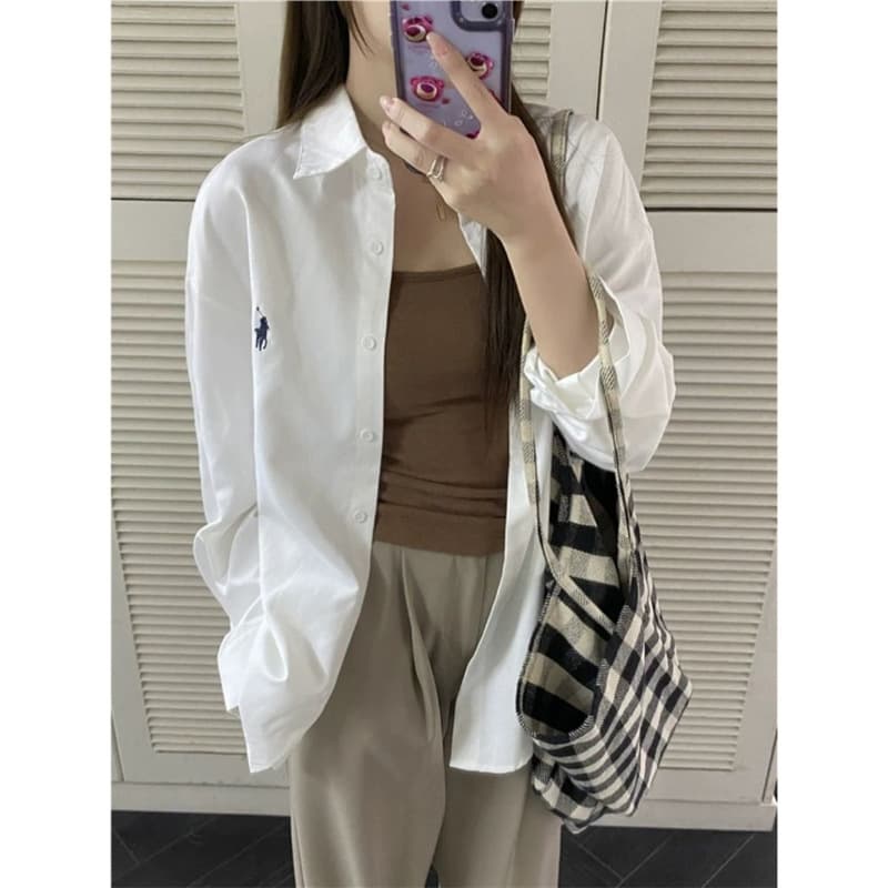 2026 Spring and Autumn New White Shirt Women's Retro Korean Style Embroidered Loose Solid Color Casual Sun Protection Jacket Top