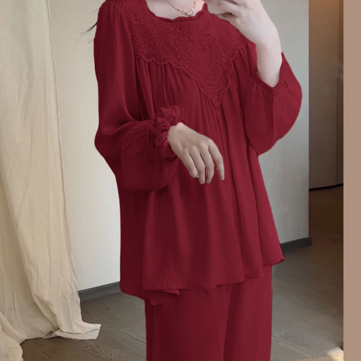 2025 New Women's Pajama Set, Pure Cotton Spring/Autumn, Plus Size Red/Burgundy, Zodiac Year Homewear