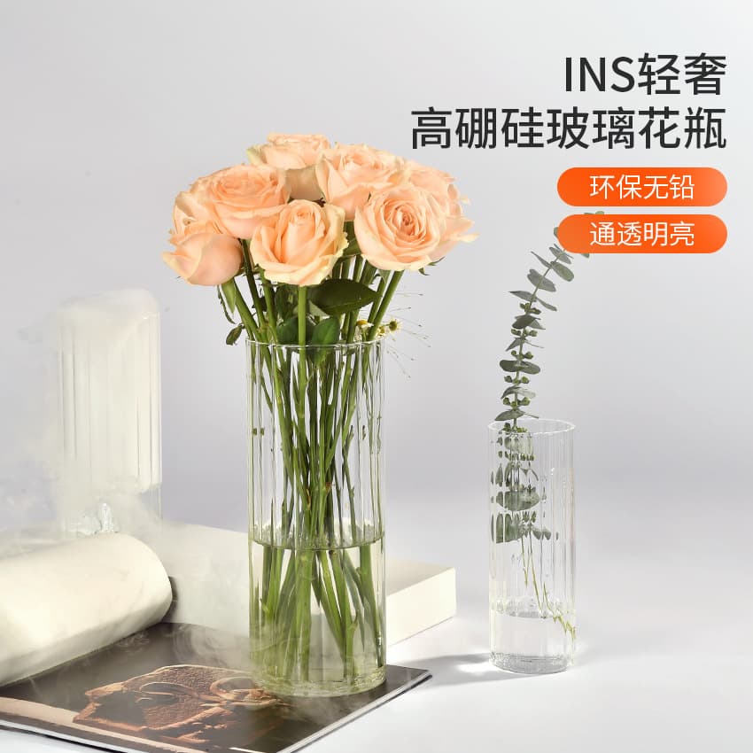 Home Transparent Glass Vase Nordic Living Room Creative Ornament Vertical Stripe Vase Micro Landscape Hydroponic Glass Flower Arrangement Vessel
