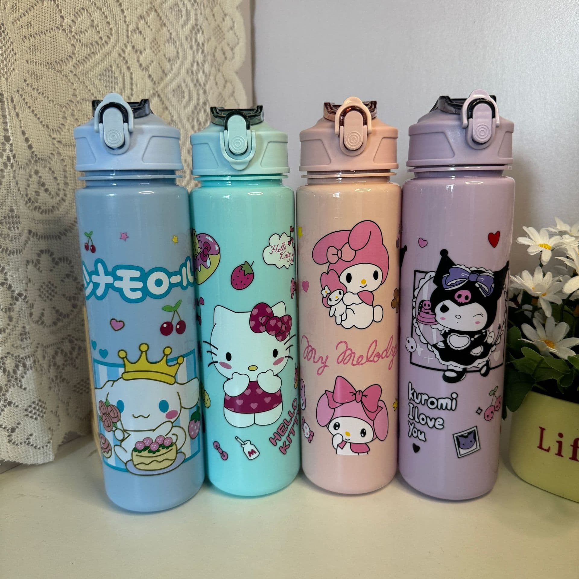 Wholesale Sanrio Standard 800ml Solid Color Medium Cup with Rope Straw, Drop-Resistant and High-Temperature Resistant Bouncing Lid Water Cup