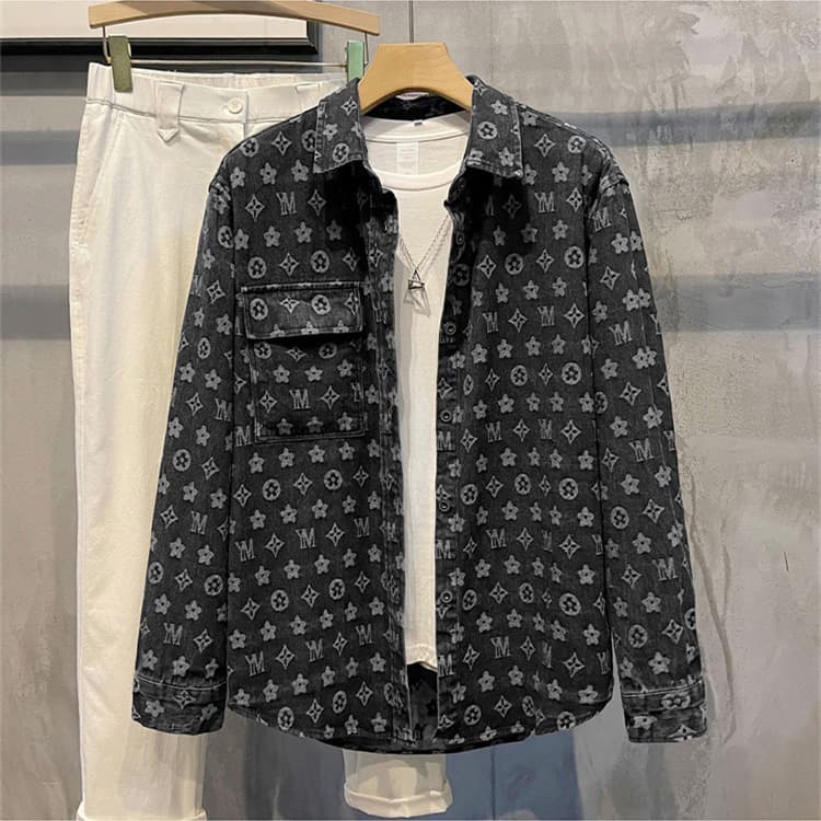 All-over Jacquard Design Jacket Vintage High Street Long Sleeve Lapel Workwear Jacket Youthful Trendy Men