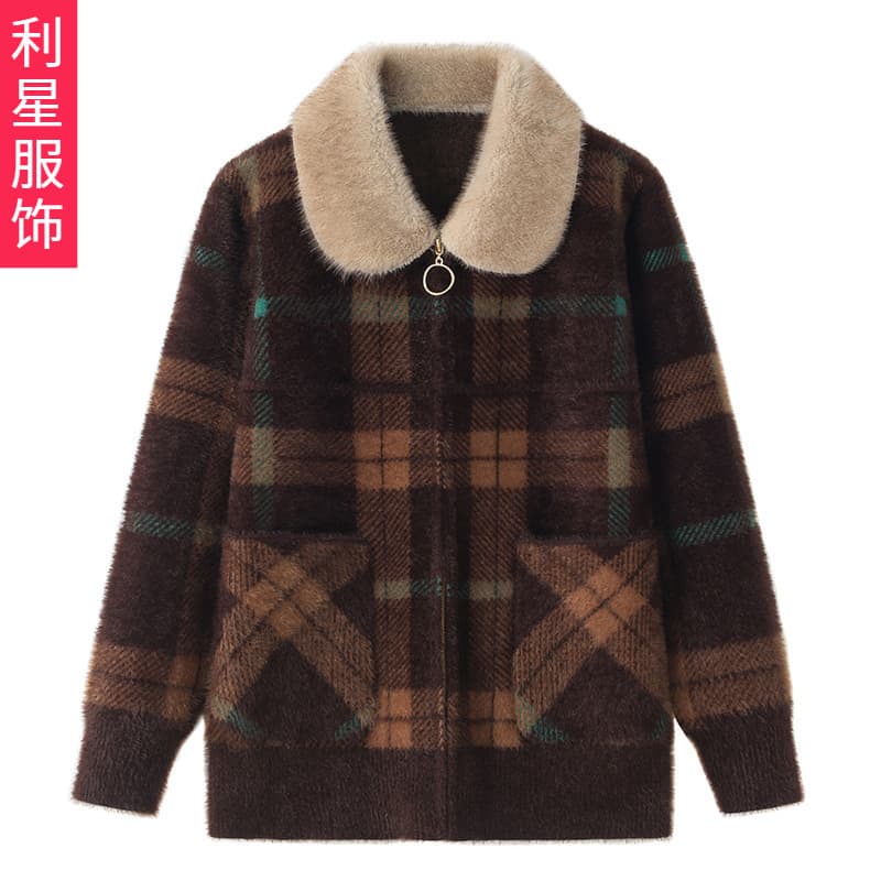 Mom's new faux mink fur collar zipper jacket, autumn/winter cardigan plaid spring wear, mature women's wool blend.