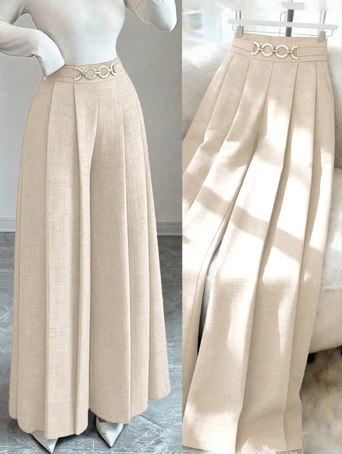 New European and American Cross-Border Women's Fashion Solid Color Draped Metal Chain Decorated Wide-Leg Pants Formal Suit Trousers
