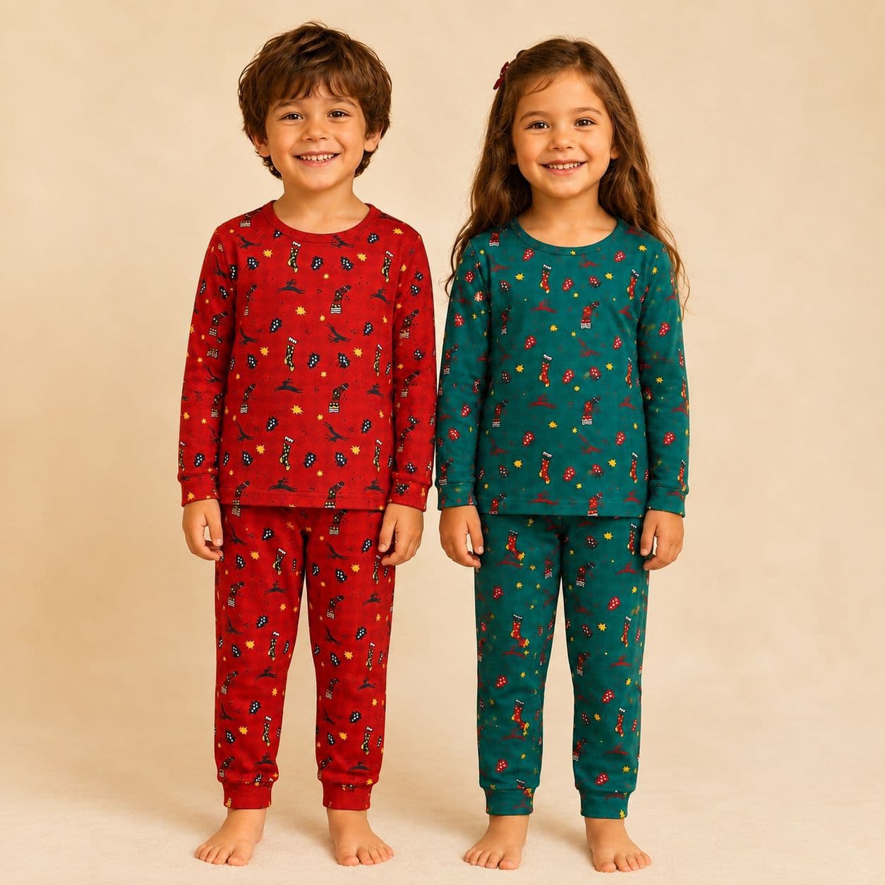 European American Christmas Print Pajama Set Crew Neck Pullover Boys Girls Baby Sleepwear 2-Piece Kids Wholesale