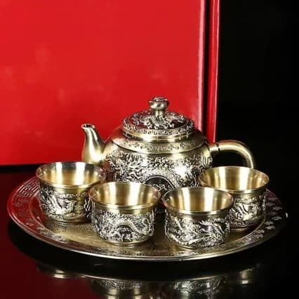 High-End Antique Bronze Tea Set with 1 Tray, 1 Teapot, 4 Cups, Wine Set, Gift Box