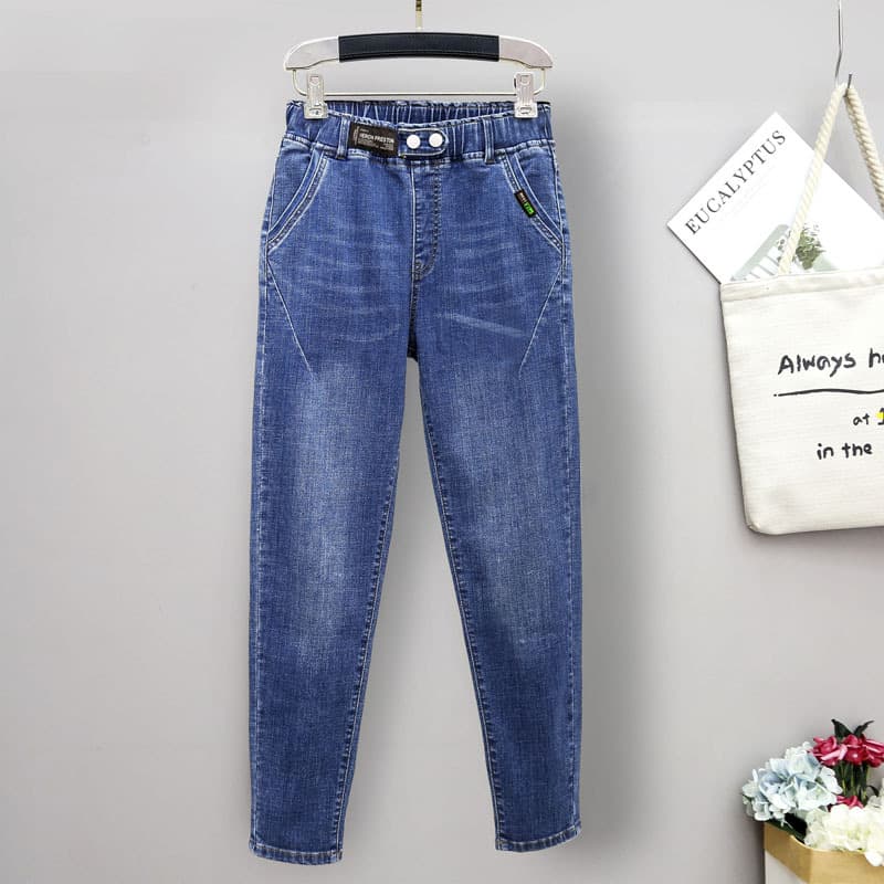 New plus-size stretch denim jeans for women up to 230 pounds, loose fit, slimming harem pants.
