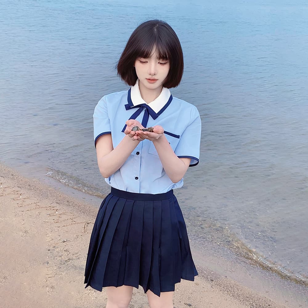 JK Uniform Academic Style Original Embroidered Aqua Color Shirt Pleated Skirt Set Graduation Season Photo Set