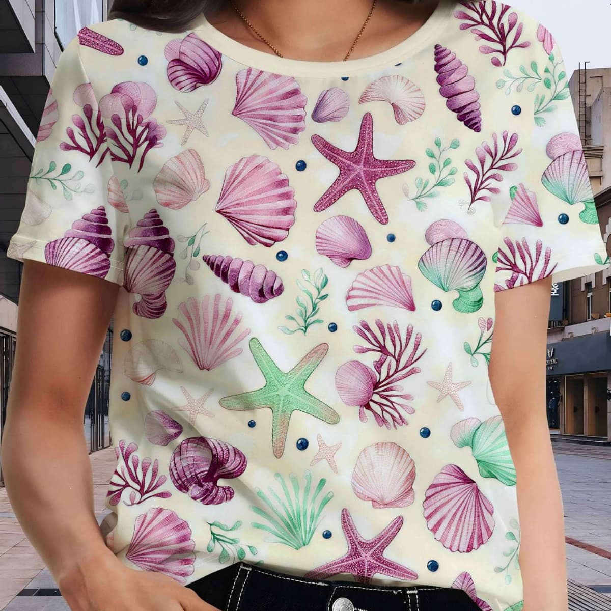 2026 Summer Women's Fresh Blue and White Ocean Element Print Short Sleeve T-Shirt