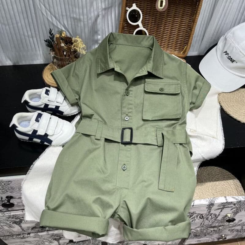 Children's Summer Jumpsuit New Arrival Lapel Short Sleeve One-Piece Stylish Solid Color Fashion Jumpsuit