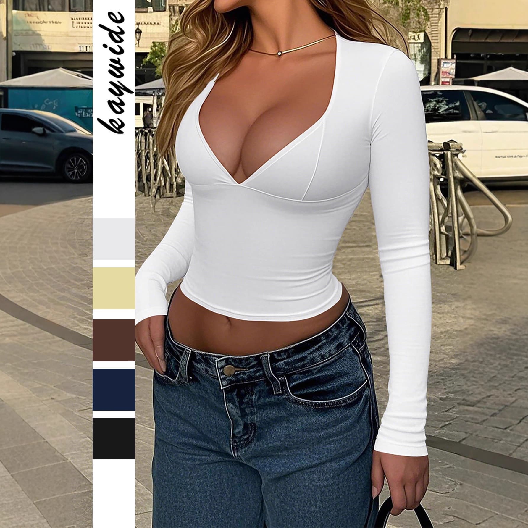 Cross-border European and American sexy deep V long-sleeved vest T-shirt women's clothing 2025 autumn and winter Amazon independent station