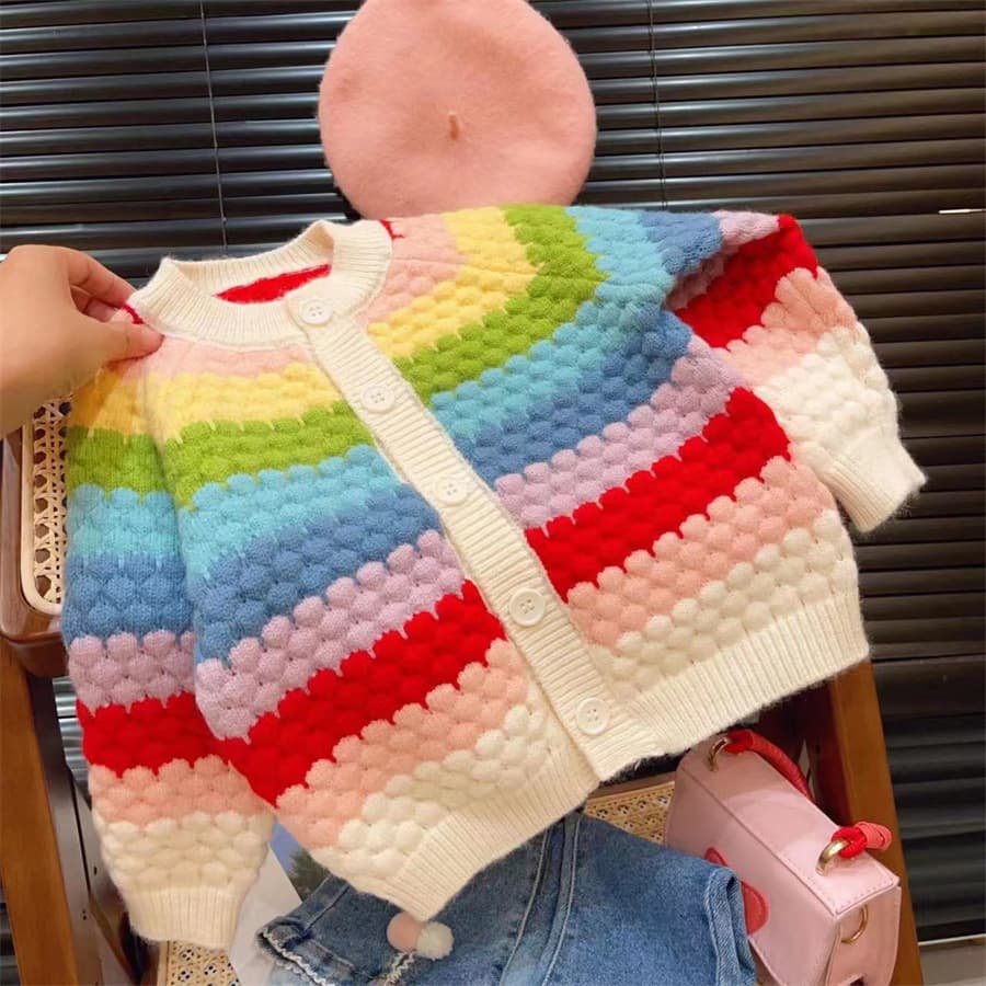 Tongxingyuan Children's Sweater 2025 Autumn New Arrival Girls Rainbow Sweater Coat Knitted Cardigan for Toddlers and Kids Wholesale