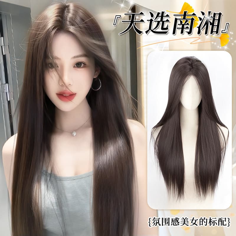 Full wig for women with forehead lace seamless fluffy black long straight thin top head artificial hair white moonlight wig set