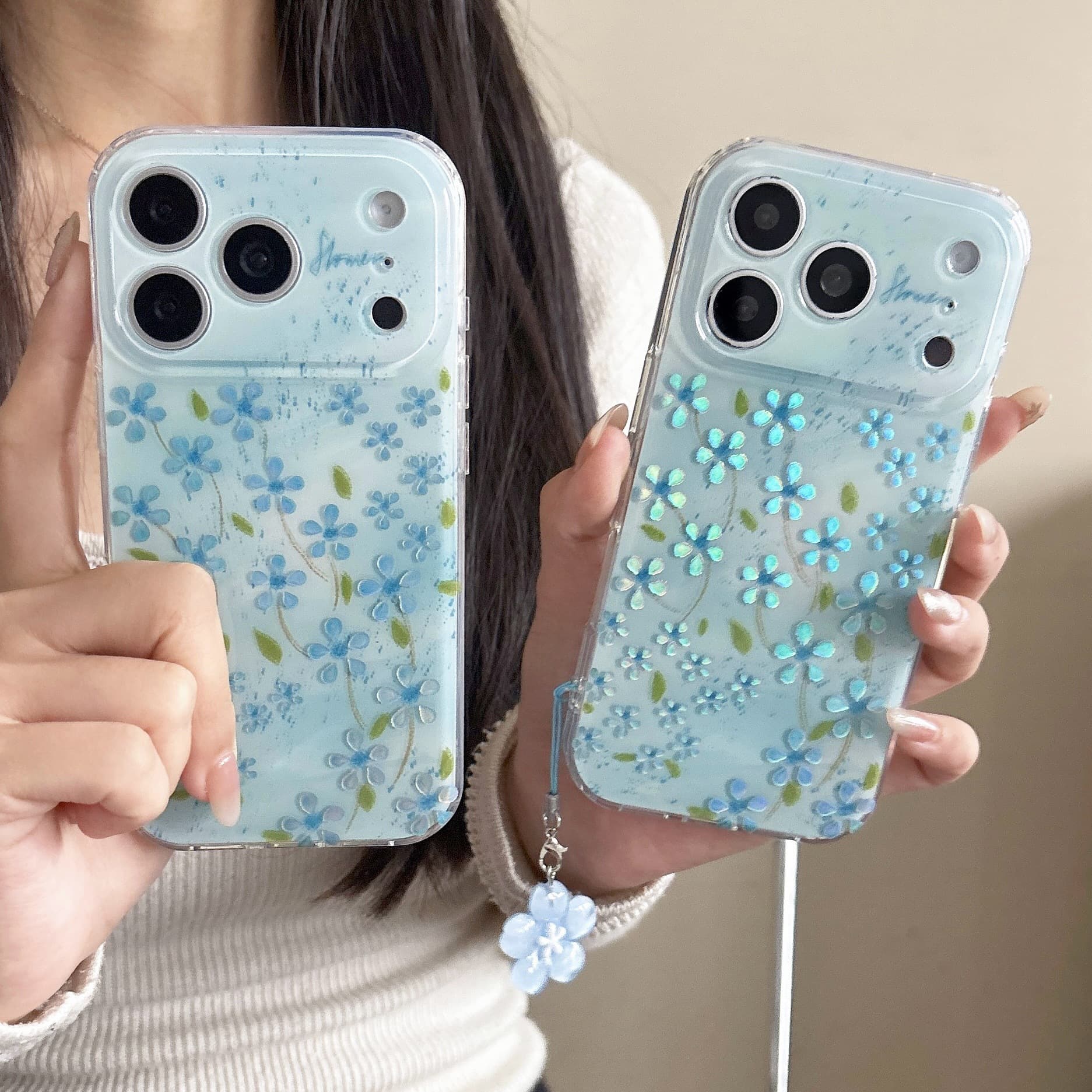 Korean-style blue gradient gilded flower case for iPhone 16/17 Pro Max, Apple 15 pendant