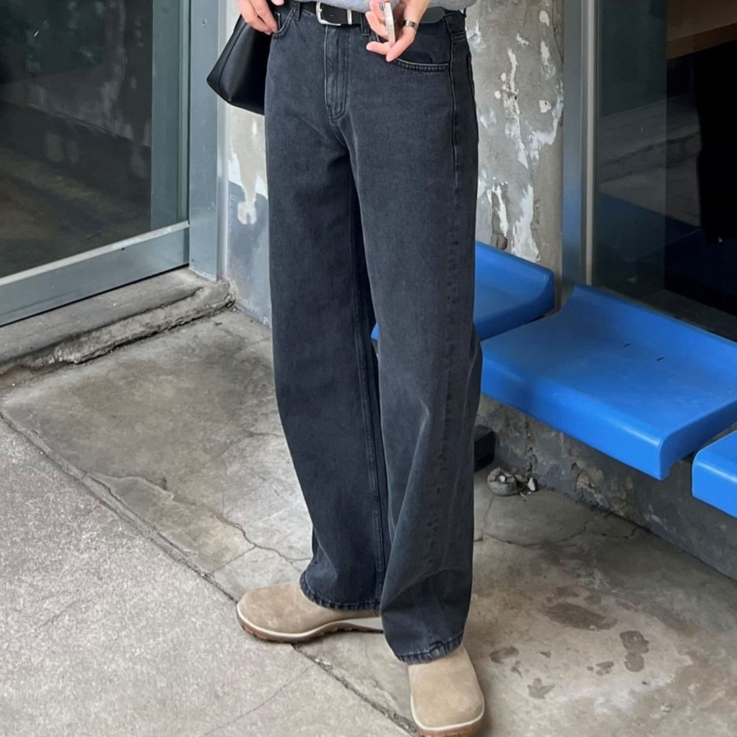 Spring Gray Straight Loose Retro Washed Slim High-Drape Floor-Length Jeans for Men Wide Leg In Stock