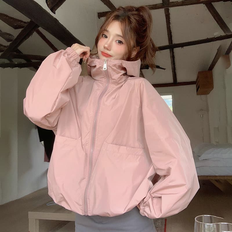 Hooded Short Sports Jacket Women's Casual Loose Solid Color Zipper Windbreaker Spring/Summer New Versatile Sun Protection Clothing