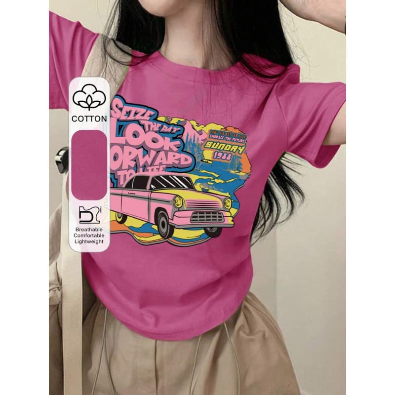 Casual Everyday DAZY Women's Summer Car Print Slogan Round Neck Short Sleeve T-Shirt