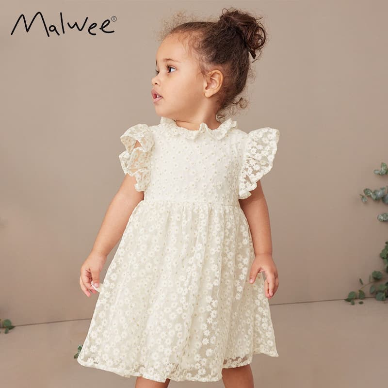 Malwee Princess Dress Summer New Style Children's Clothing Little Girl's Cotton Soft Processing Short Sleeve Floral Pattern