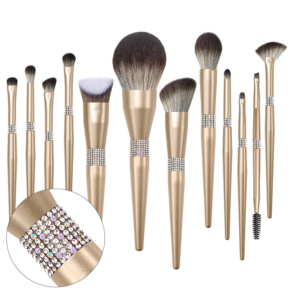 Cross-border Supply 12-Piece Champagne Gold with Rhinestones Makeup Brush Set Soft Bristle Powder Brush Foundation Brush Makeup Tool Kit In Stock