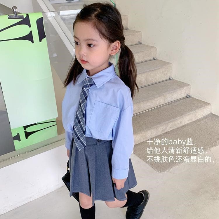 Children's Spring/Autumn Long-Sleeve Blue Shirt, Pure Cotton Blouse for Elementary School Girls, JK Uniform, School Uniform