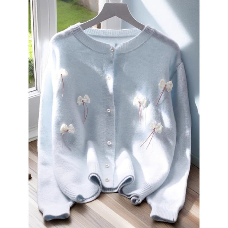 Blue Chanel-style Knit Cardigan for Women, Loose Fit, Early Autumn New Arrival, Japanese-inspired Short Soft Long-sleeve Cardigan