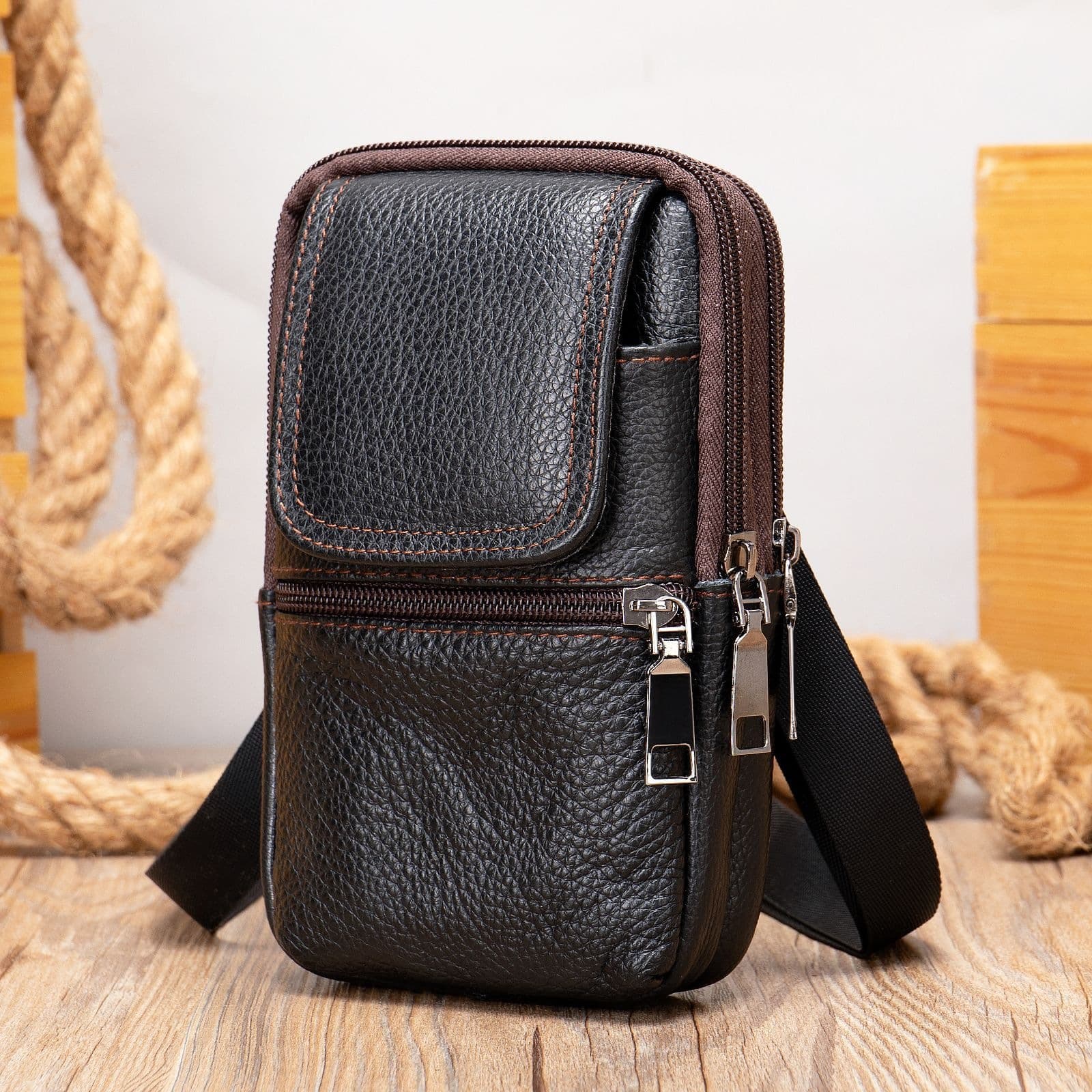 Temu Direct Sales Top Layer Cowhide Men's Casual Waist Bag Genuine Leather Export Vertical Waist Pack with Belt Phone Pouch Trendy