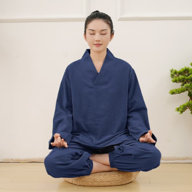 Pure Cotton Layman's Clothing Set, Long-Sleeved Meditation Suit, V-Neck Loose-Fitting Health-Preserving Clothing, Fasting and Meditation Clothing