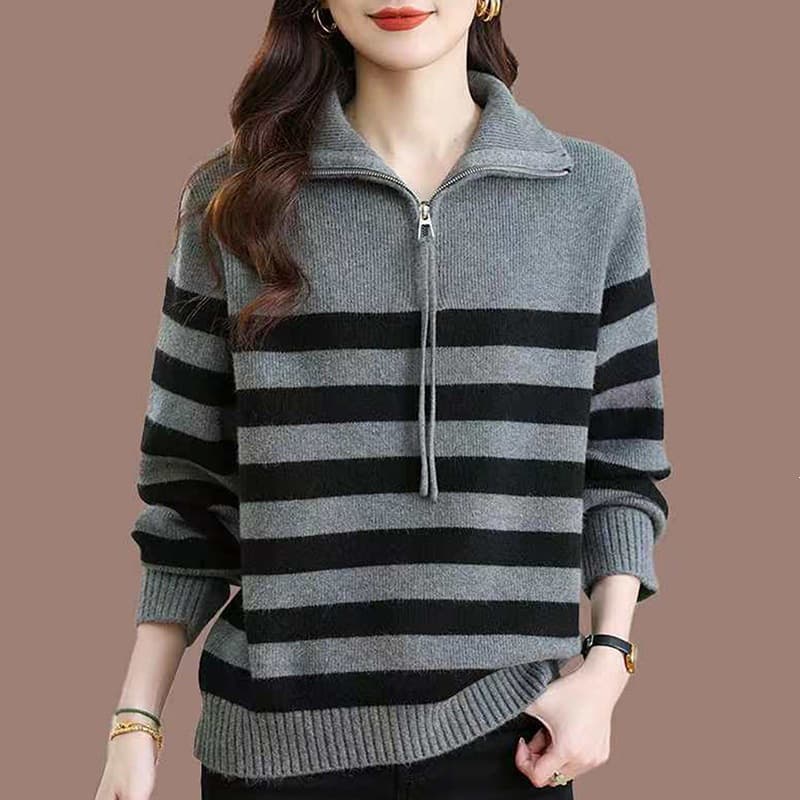 Korean Style Striped Zipper Collar Knit Sweater, Fall Winter New Retro Color Block Loose Fit Relaxed Pullover Sweater for Women