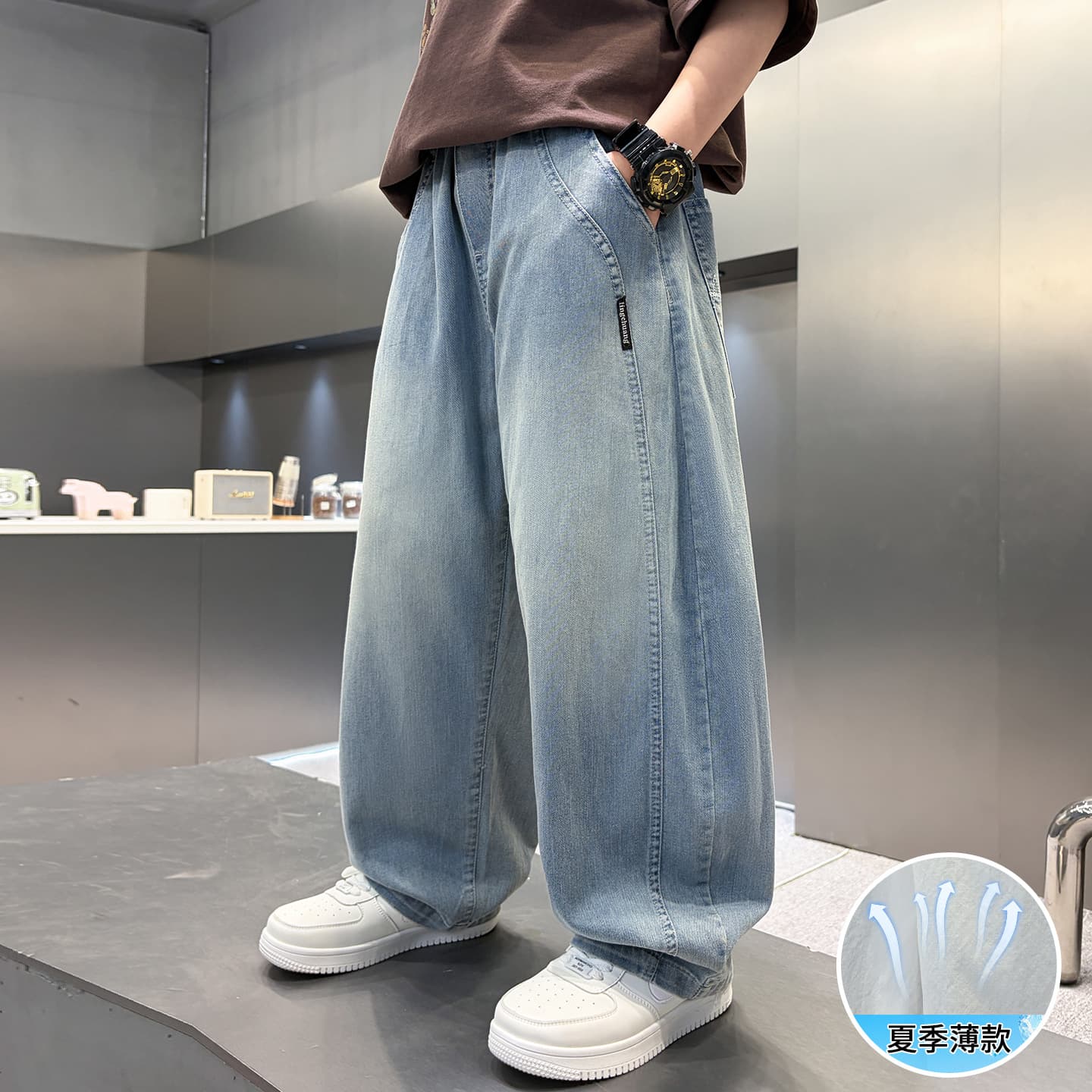 Boys summer pants 2026 new medium and large children summer boys thin children's straight casual denim anti-mosquito pants