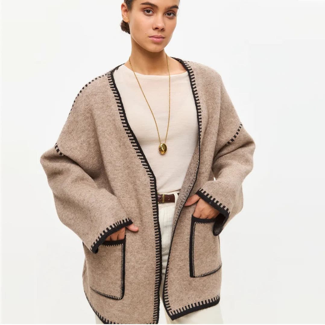 Amazon Cross-border Knit Cardigan 2025 Fall/Winter New European and American Loose Contrast Color Mid-length Sweater for Export