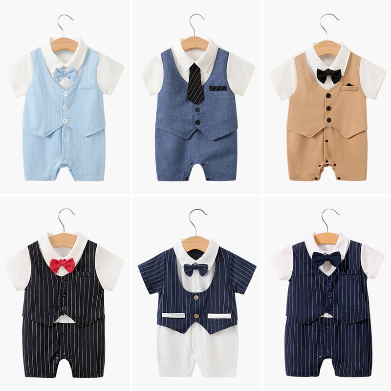 Cross-border Newborn Romper Summer Gentleman Style Baby Clothes Class A Short Sleeve Baby Boy Full Moon Birthday Suit