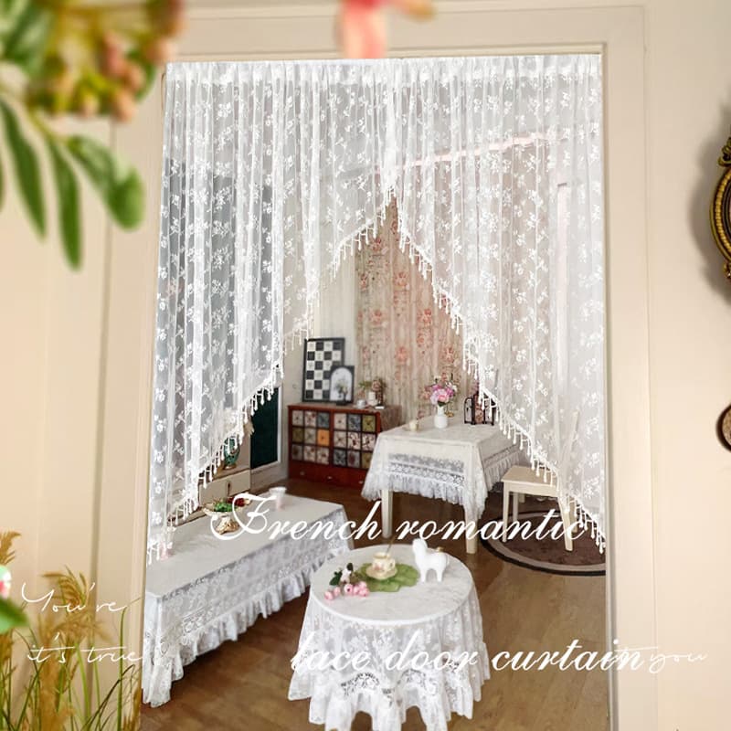 French Beaded Half Curtain, Vintage American Style Partition Curtain, White Lace Embroidered Tassel, No-Drilling Arch Door Curtain