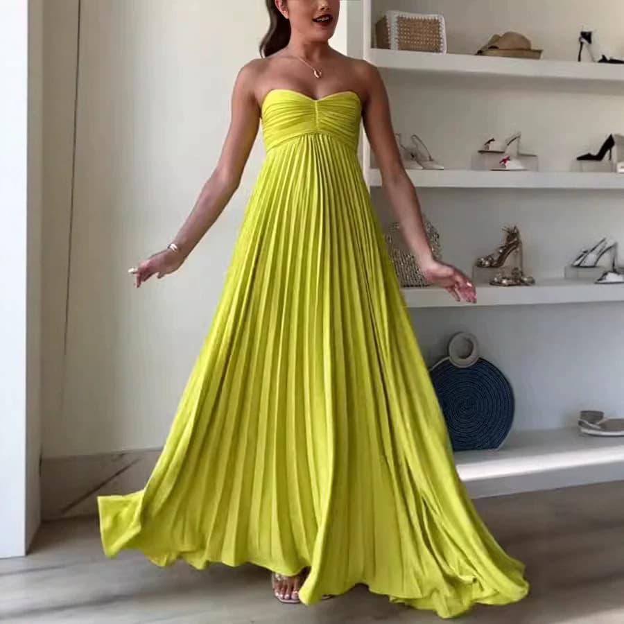 Amazon Evening Dress Women Solid Color Strapless Pleated Dress Sleeveless Fashion Dress Independent Station Cross-Border European American Dress