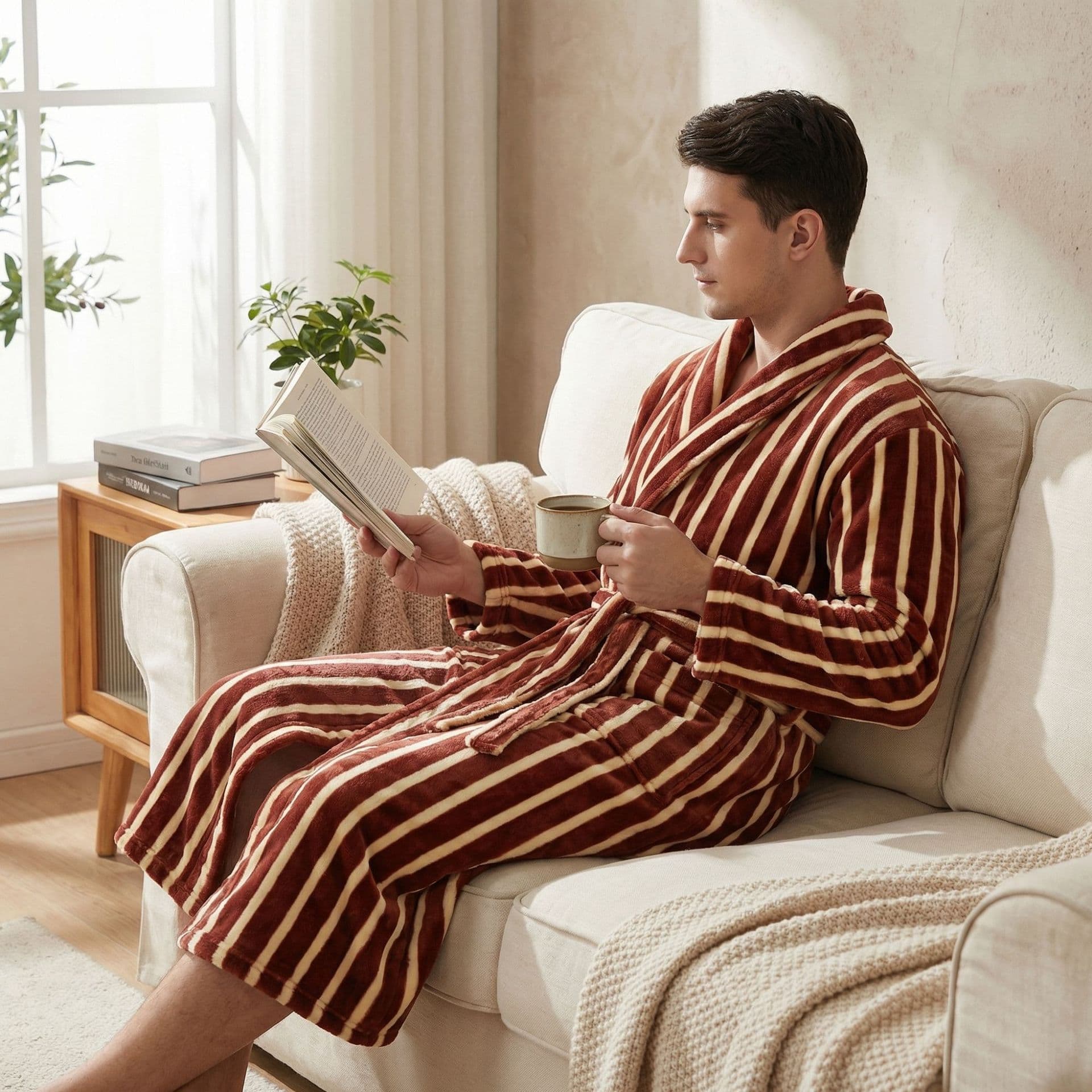 New Flannel Bathrobe 400Gsm Thickened Vertical Striped Robe for Men and Women, Autumn and Winter Long Couple's Pajamas, Loungewear